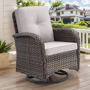 PlainCurve Metal and Brown Wicker Outdoor Rocking Chair Patio Swivel Chairs with Olefin Beige Cushions