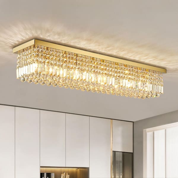 Modern 47 in. 10-Lights Gold Rectangle Crystal Chandelier with K9 Crystal Flush Mount Ceiling Lights Fixture