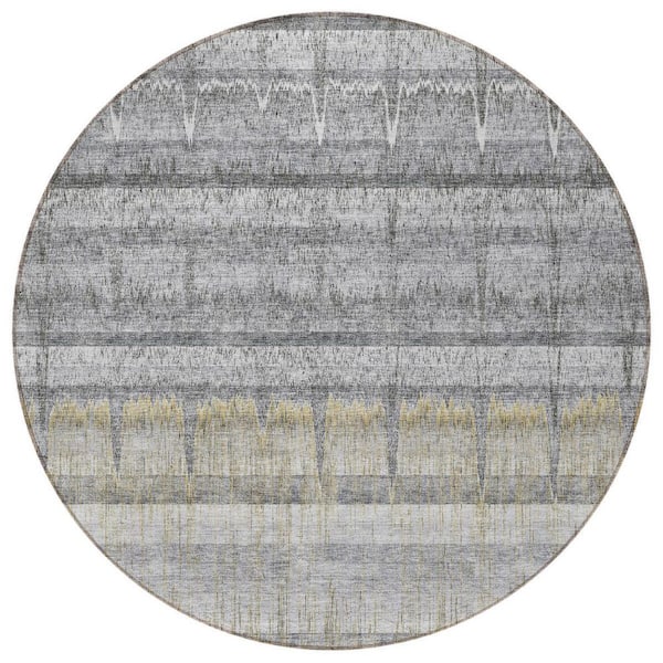 Gray, Silver, Charcoal 8 ft. Round Woven Striped Polyester Round Indoor/Outdoor Area Rug