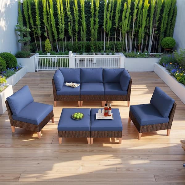 Modular Sofa Collection - 7 Piece Brown Wicker Outdoor Conversation Set Sectional with CushionGuard Blue Cushions