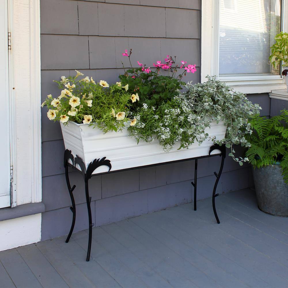 36" Cape Cod White Galvanized Steel Flower Planter Box with Iron Stand