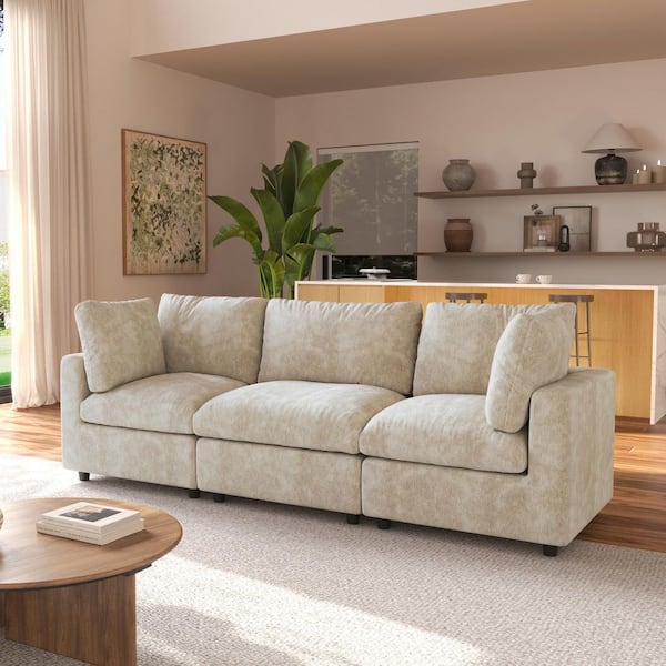 100.5 in. Square Arm Chenille Couch Modular Free Combination Sectional Sofa in Light Brown 3 Piece