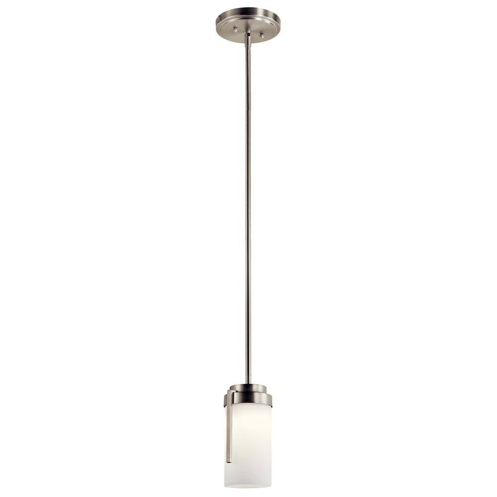 Transitional Mini LED Pendant in Brushed Nickel with White Glass Shade