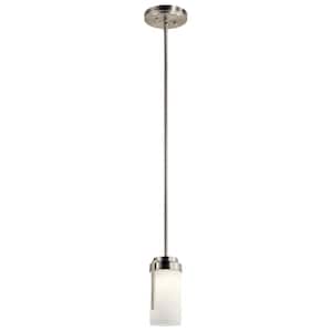 4.5 in. 1-Light Integrated LED Brushed Nickel Transitional Shaded Kitchen Mini Pendant Hanging Light with Etched Glass