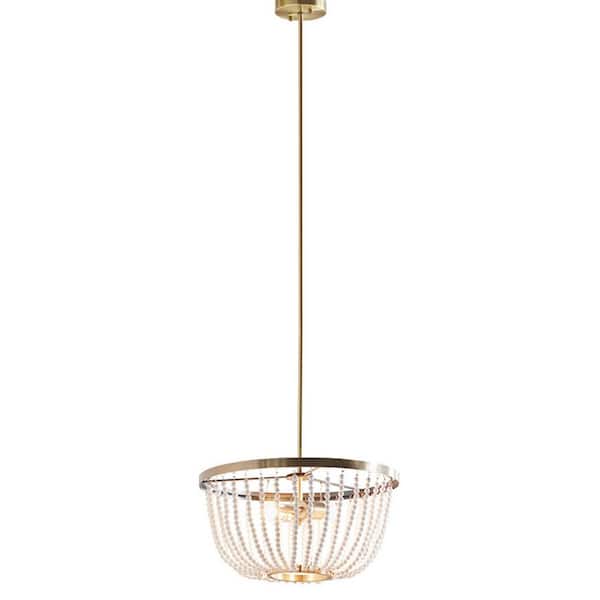 Modern 2-Light Antique Brass and White Beaded Modern Dish-Shaped Chandelier for Dining Room (No Bulb Included)