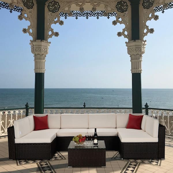 maocao hoom 7-Piece Wicker Glass Top Patio Conversation Set with Beige Cushions and 2 Red Pillows