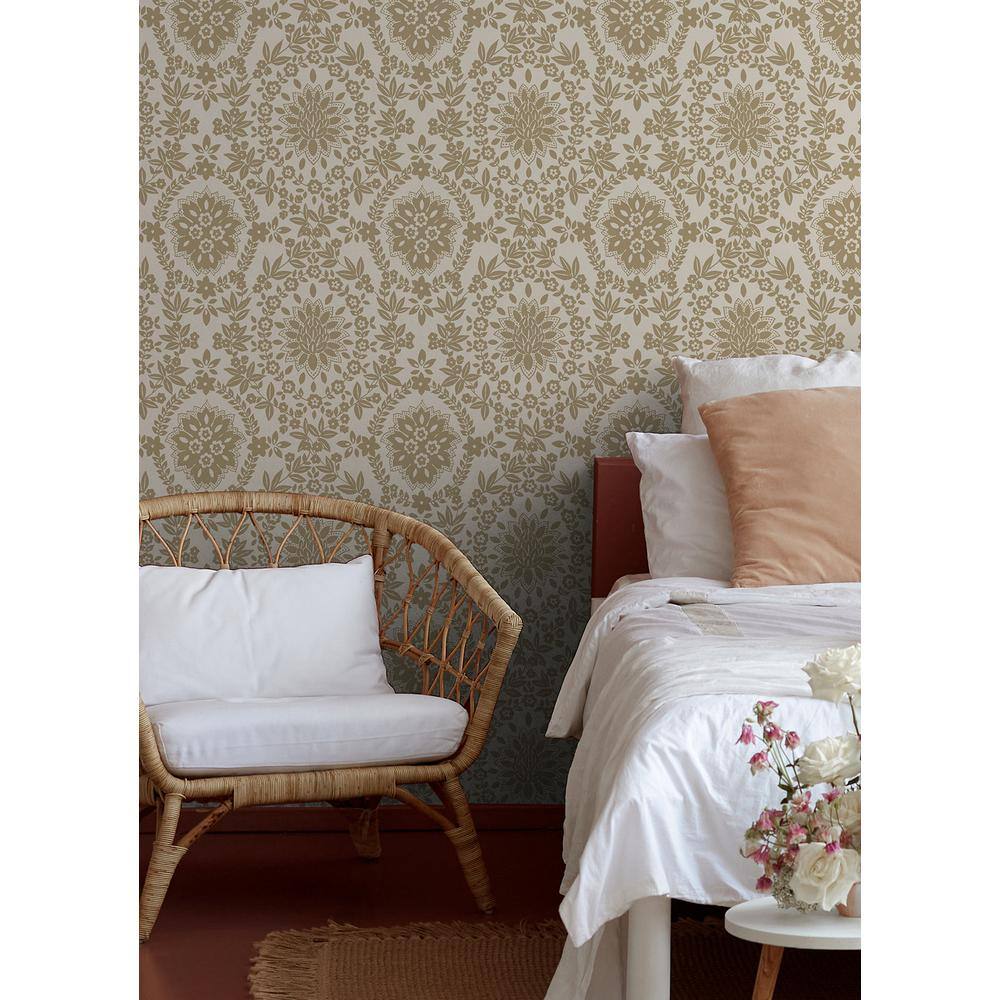 Taupe and Gold Damask Peel and Stick Wallpaper Roll