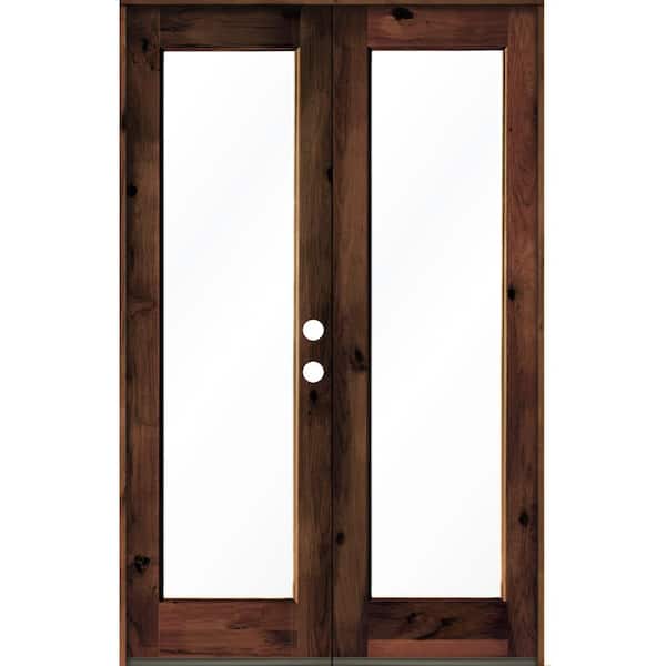 Krosswood Doors 60 in. x 96 in. Rustic Knotty Alder Wood Clear Full-Lite red mahogony Stain Left Active Double Prehung Front Door