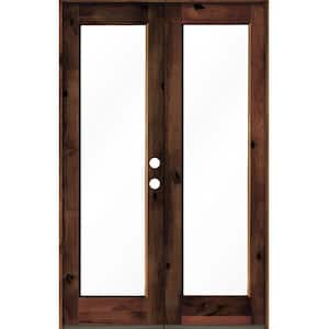 64 in. x 96 in. Rustic Knotty Alder Wood Clear Full-Lite red mahogony Stain Left Active Double Prehung Front Door
