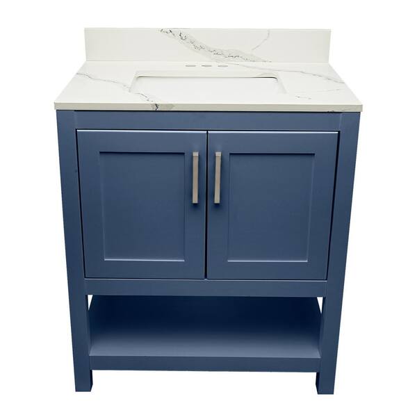 Ella Taos 31 in. W x 22 in. D Bath Vanity in Navy Blue with Quartz Stone Calacatta White Top with White Basin