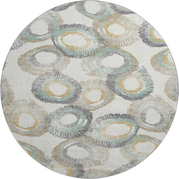 Mayfield Premium Machine Washable Abstract AMF2278 Ivory 8 ft. x 8 ft. Round Rug