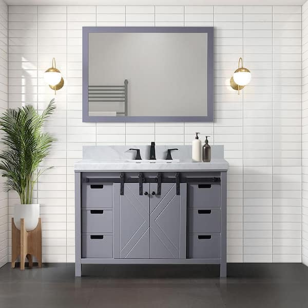 Lexora Marsyas 48 in W x 22 in D Dark Grey Bath Vanity, Carrara Marble Countertop and 44 in Mirror