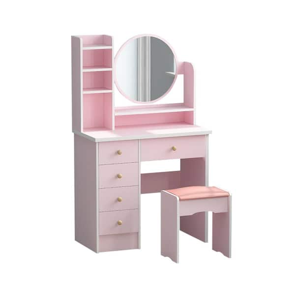 5 Drawers Pink Makeup Vanity Dressing, Vanity With Mirrors And Drawers
