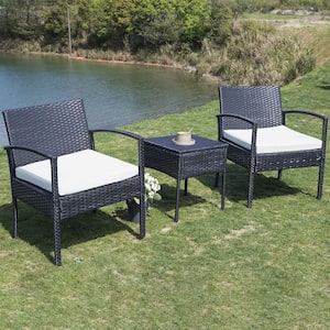 Black 3-Piece Wicker Patio Conversation Set with White Cushions