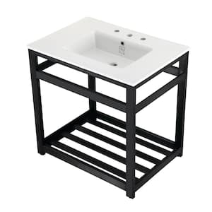 31 in. Ceramic Console Sink (8 in. in 3-Hole) with Stainless Steel Base in Matte Black