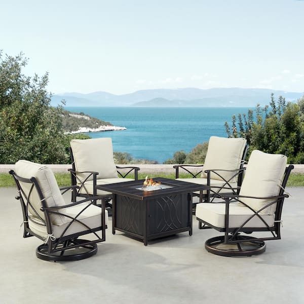 Oakland Living Black Aluminum Fire Table Set with 4-Club Chairs