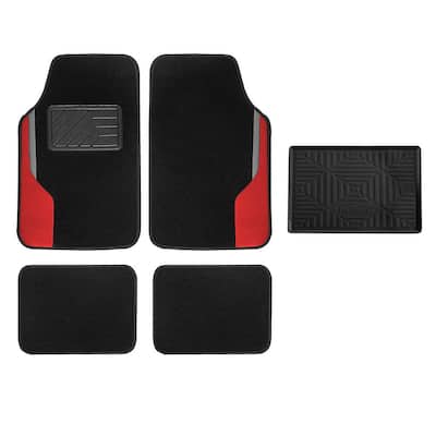 Red Color-Block Carpet Liners Non-Slip Car Floor Mats with Faux Leather Accents - Full Set