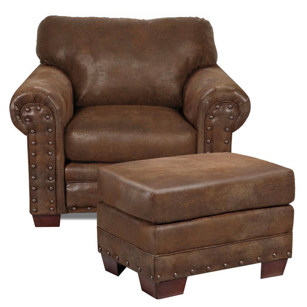 Front view of a pinto brown microfiber arm chair and ottoman set with nail head accents.