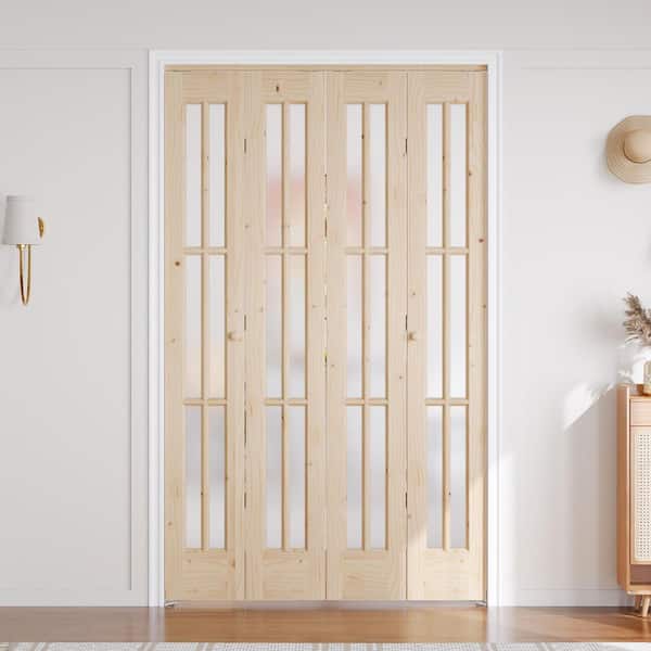 48 in. x 80 in. 6 Lite Pre Assembled Frosted Glass Brown Unfinished Solid Core Wood Bi-fold Door with Hardware