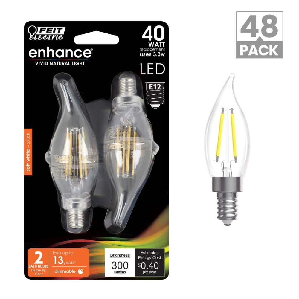 Feit Electric 40-Watt Equivalent BA10 E12 Candelabra Dimmable Filament CEC Clear Glass Chandelier LED Light Bulb, Soft White (48-Pack)