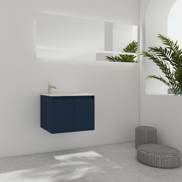 FUNKOL 24 in. W Modern Floating Wall-Mounted Bathroom Vanity with Drop-Shaped Resin in Blue