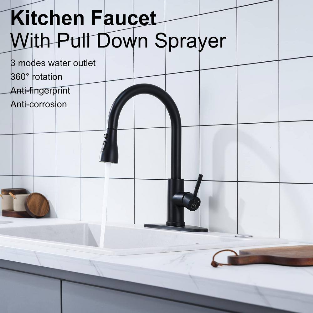 Matte Black Stainless Steel High-Arc Kitchen Faucet with Pull-out Spray