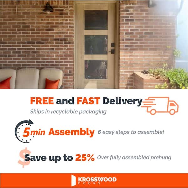 DIY Modern 36"x 79 in. 3-Lite Left-Hand Inswing Frosted Glass Teak Stain Fiberglass Front Door Kit w/Quick Assemble Jamb