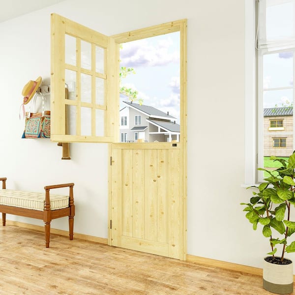 30 in. x 80 in. Solid Pine Universal 9-Lite Clear Glass Unfinished Dutch Door Design Wood Front Door Slab