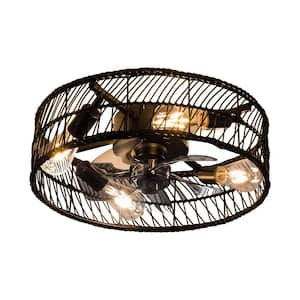 18 in. Indoor Black Low Profile Rattan Caged Ceiling Fan with Remote, No Bulbs Included