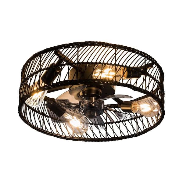 OUKANING 18 in. Indoor Black Low Profile Rattan Caged Ceiling Fan with Remote, No Bulbs Included