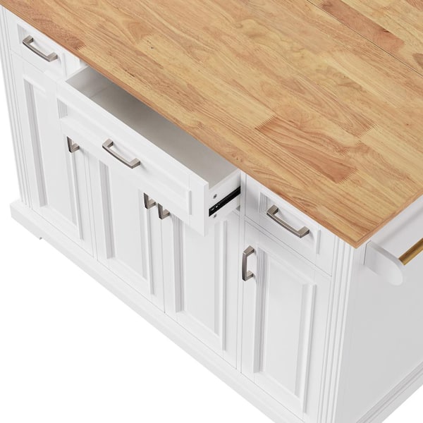 OLUMAT White Wood 54.1 in. W Large Kitchen Island Cart with Drop