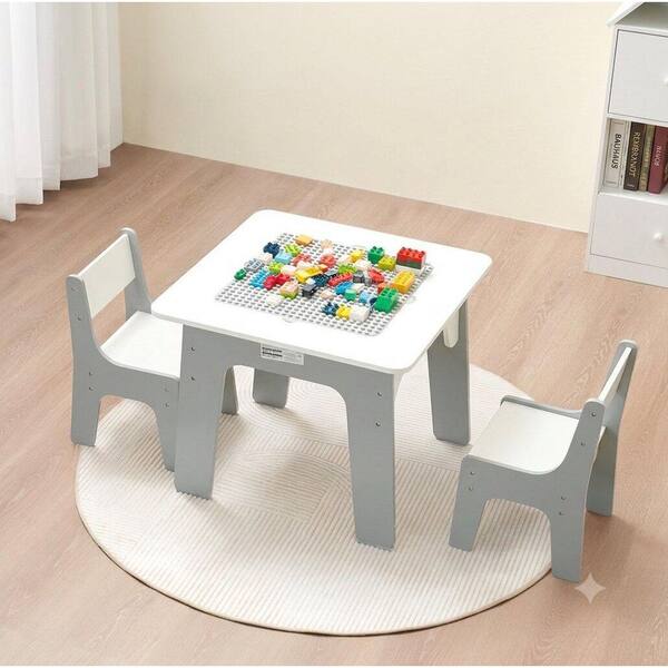 Astovix 3-Piece Wood Kids Activity Table and Chair Set with Double-Sided Block Table Top and Storage, White+Light Gray