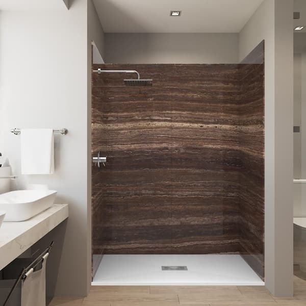 Monza Brown 32 in. x 60 in. x 84 in. Solid Composite Stone Alcove Shower Kit with Walls and White Pan Base Center Drain