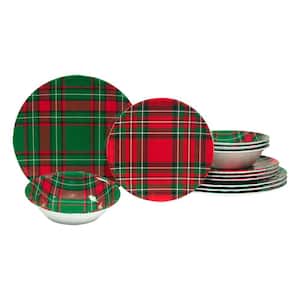 Christmas Plaid 12-Pcs Assorted Colors Melamine Dinnerware Set (Service for 4)
