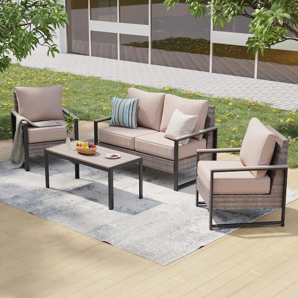 Sonkuki 4 Pieces Patio Conversation Set with Coffee Table All-Weather Gray Wicker Loveseat Sofa with Sand Cushion