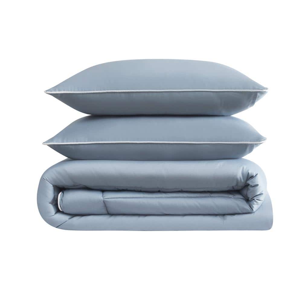 Blue Cotton Sateen Full/Queen Bedspread Set with Polyfill