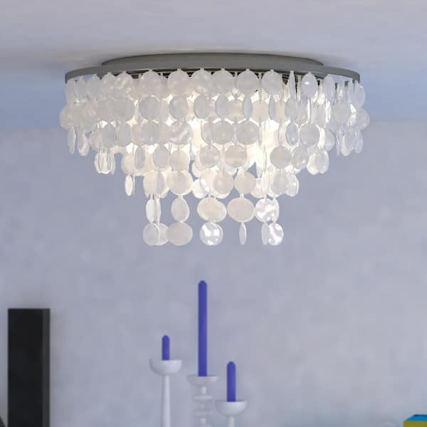 Elsa 24 in. W Satin Nickel Capiz Shell Coastal Flush Mount Ceiling Light Fixture