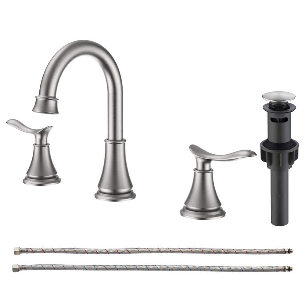 8 in. Widespread Double Handle Bathroom Faucet Combo Kit with Pop Up Drain and Water Supply Hoses in Brushed Nickel -  Nestfair