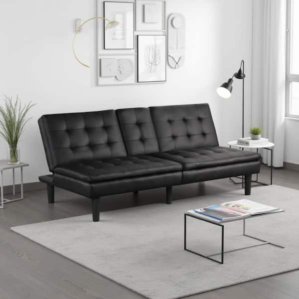 Berie 71.5 in. Black Faux Leather Standard Futon Twin Size Sofa Bed with Drop-Down Tray and Cupholder