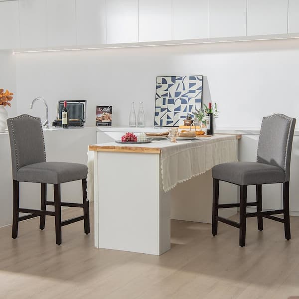 41 in. Grey High Back Wood Upholstered 25'' Bar Stool Chairs with Rubber Wood Legs Set of 2