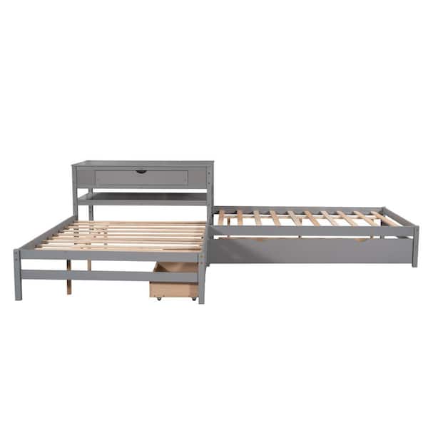 Unbranded 134.90 in W Gray Full Size L-shaped Platform Beds with Twin Size Trundle