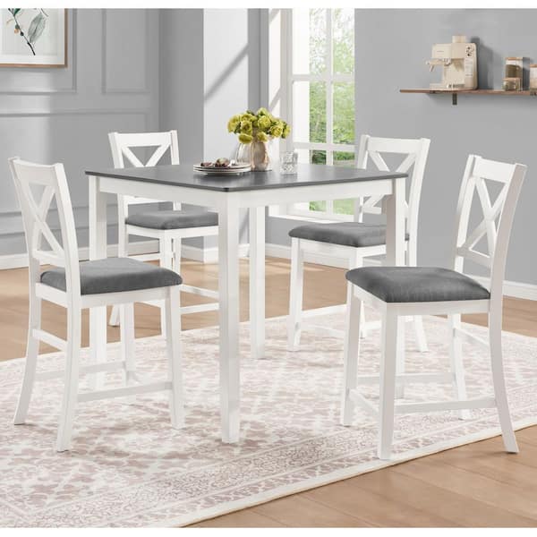 Brentonis Country 5-Piece Square Grey and White Wood Counter Height Dining Table Set with Chairs, 4 Seats
