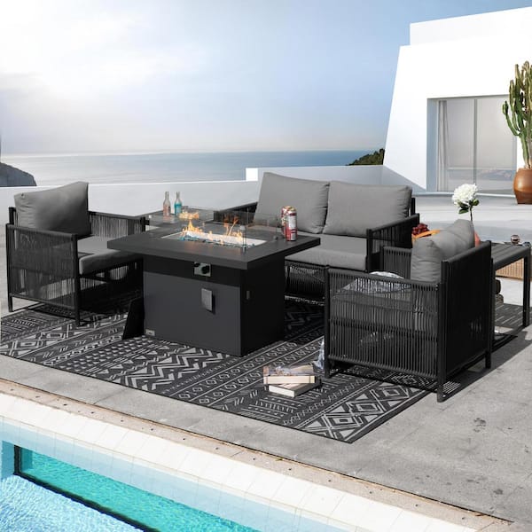 FINCATI Modern Gray 6-Piece Metal Patio Fire Pit Deep Seating Sofa Set with 55,000 BTU Firepit Table