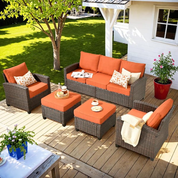 Toject Palermo Brown 5-Piece Relaxing Modern Wicker Modular Outdoor Patio Conversation Sofa Set with Orange Red Cushions