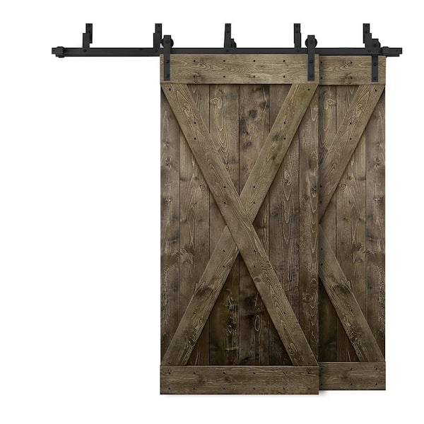 52 in. x 84 in. X Bypass Espresso Stained DIY Solid Knotty Wood Interior Double Sliding Barn Door with Hardware Kit