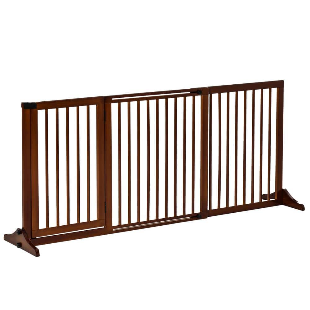 Adjustable Brown Pine Wood Freestanding Pet Gate with Lockable Door