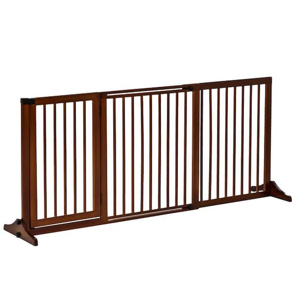 Brown 65.25 in. x 14.25 in. x 28.00 in. Adjustable Wooden Pet Gate with Safety Barrier, Lockable Door