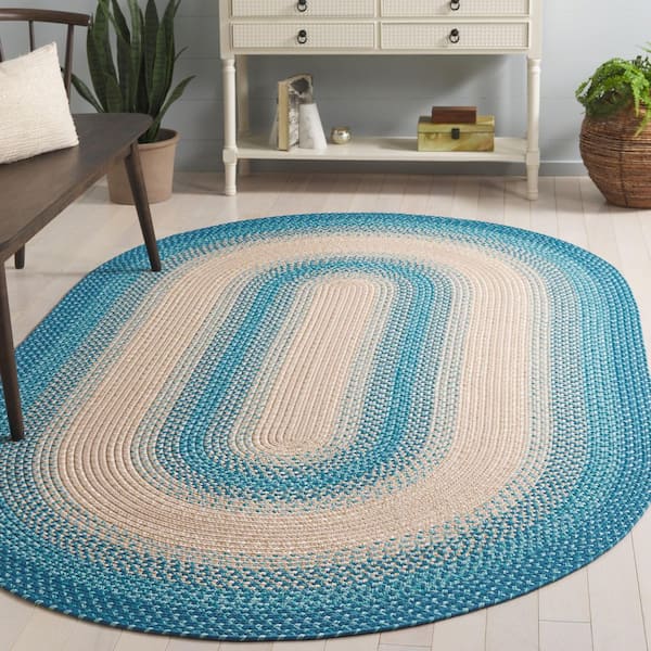 Braided Blue/Beige 8 ft. x 10 ft. Machine Washable Border Solid Color Interlace Oval Area Rug