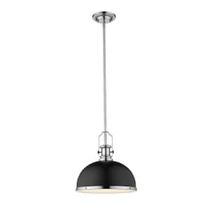 1-Light Matte Black and Chrome Pendant with Matte Black Metal and Glass Shade
