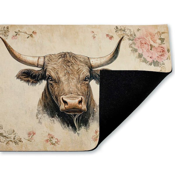 Cattle with Floral Border Beige 18 in. x 30 in. Polyester Non-Slip Outdoor Door Mat